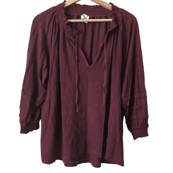Wrap London Womens Top 14 Peasant Blouse 100% Linen Burgundy 3/4 Sleeve - Picture 1 of 6